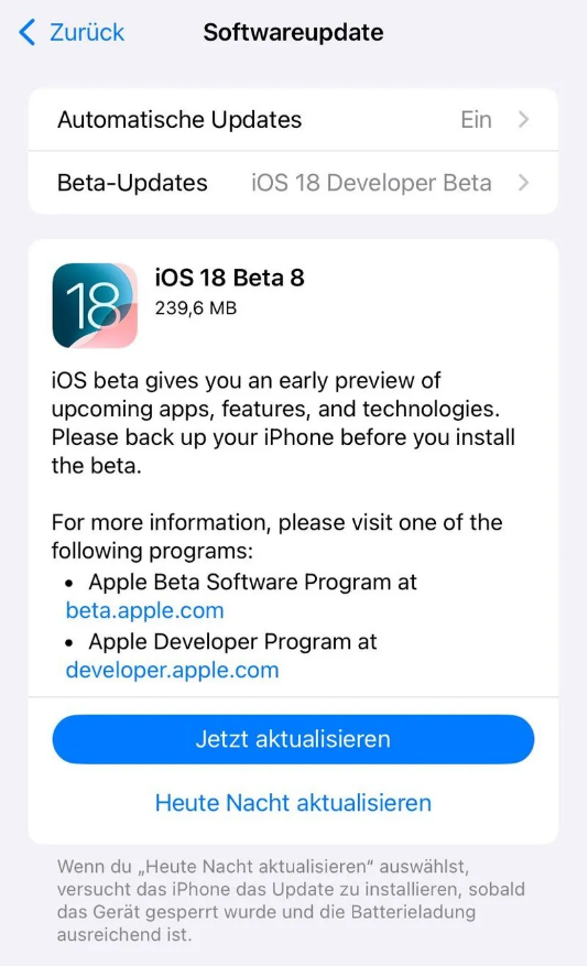 和布克赛尔苹果手机维修分享苹果 iOS / iPadOS 18 开发者预览版 Beta 8 发布 